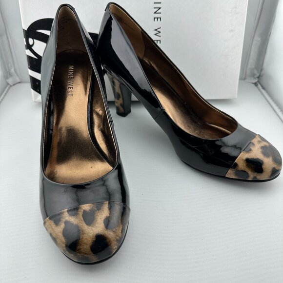 NINE WEST Black Patent Leopard Cap-Toe Pumps Size 6.5 M - Picture 1 of 8